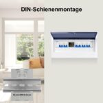 Weisser Hutschienen-Stromzähler KETOTEK D52-2047HD mit farbigem LC-Display, das Watt, Kilowattstunden, Spannung, Frequenz, Strom und Leistungsfaktor zeigt