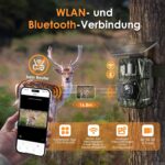 Solar-Wildkamera MAXDONE PH970S mit aufgesetztem Solarpanel, Objektiv und Infrarot-LEDs, Gehäuse im Tarnmuster