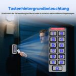 Retekess T-AC03 Codeschloss in Silber aus Zinklegierung mit blau beleuchteter Zifferntastatur, Klingeltaste und zehn blauen RFID-Schlüsselanhängern