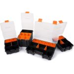 Vier schwarze KENDO Sortierboxen mit orangen Innenfächern und transparenten Deckeln, gestapelt