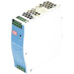 MEAN WELL NDR-120-12 Hutschienennetzteil mit weissem Metallgehäuse, blauem Typenschild, Schraubklemmen und Potentiometer für die Ausgangsspannung