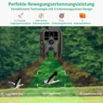 Wildkamera GardePro E8 im Tarnmuster mit Antenne, daneben ein Smartphone mit dem Livebild der Kamera