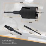 Schwarze Diamant-Bohrkrone von BTEC mit 82 mm Durchmesser, eingeschraubtem SDS-plus-Adapter und separatem Zentrierbohrer