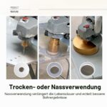Vier goldfarbene Diamantbohrkronen von SHDIATOOL mit 20, 35, 50 und 68 mm Durchmesser und M14-Gewinde neben dem Sechskant-Schaftadapter