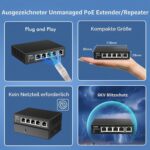 Schwarzer PoE-Extender YuanLey YS-040190PE im Metallgehäuse mit fünf RJ45-Ports und LED-Anzeigen