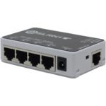 Kompakter PoE-Passthrough-Switch von DSLRKIT mit schwarzer Deckelplatte und weissem Gehäuse, vier PoE-Ausgängen LAN1 bis LAN4, Uplink-Port, DC-Buchse und Schiebeschalter LAN/Ext