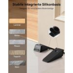 Zwei schwarze TECKNET Türstopper-Alarme mit geriffelter Keiloberseite und USB-C-Ladekabel