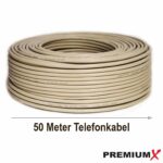 Grauer Ring Fernmeldeleitung J-Y(ST)Y 2x2x0,6 von PremiumX mit 50 m, daneben ein abgemanteltes Ende mit vier Adern in Rot, Schwarz, Gelb und Weiss unter einem Alu-Folienschirm