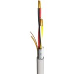 Grauer Ring Fernmeldeleitung J-Y(ST)Y 2x2x0,6 von HB-DIGITAL mit Etikett 25 m, daneben ein abgemanteltes Leitungsende mit vier farbigen Adern und Alu-Folienschirm