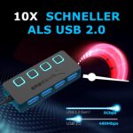 Schwarzer SABRENT USB-Hub mit vier USB-A-Anschlüssen, einzelnen Schaltern und blau markierten Ports.