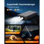 Schwarze A ADDTOP Solar-Powerbank mit ausklappbaren Solarpanels, USB-Anschlüssen und integrierter LED-Leuchte.