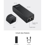 Schwarzer Reolink PoE-Injektor mit zwei RJ45-Buchsen an der Stirnseite