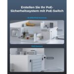 Schwarzer Reolink RLA-PS1 PoE-Switch im Metallgehäuse mit acht PoE-Buchsen und zwei blau markierten Uplink-Ports