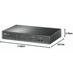 Schwarzer TP-Link TL-SG1008P PoE-Switch im flachen Metallgehäuse mit acht RJ45-Buchsen auf der Rückseite