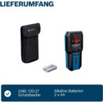 Blau-schwarzes Bosch Professional Ortungsgerät GMS 120-27 mit LCD-Display und roter Markierungsöffnung, daneben schwarze Schutztasche und zwei AA-Batterien