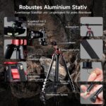 Schwarz-rotes Rollei Aluminiumstativ Compact Traveler No.2 XL mit Kugelkopf, horizontal ausgeklapptem Auslegearm und Smartphone-Halterung