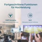 Schwarzer TP-Link TL-SG1005P PoE-Switch im Metallgehäuse mit fünf RJ45-Buchsen an der Front