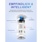 Fünf weisse Mini-Rauchmelder Heiman HS1SA mit rotem Testknopf, kreisförmig angeordnet, daneben ein Melder in einer Hand als Grössenvergleich