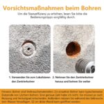 Vier silberne Hohlbohrkronen mit Hartmetallzähnen in den Grössen 30, 40, 50 und 68 mm, daneben Verbindungsstange mit SDS-plus-Schaft, Zentrierbohrer und Schraubenschlüssel