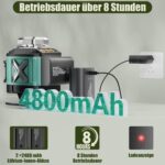 Grün-schwarzer Kreuzlinienlaser mit vier Austrittsfenstern auf Drehsockel, daneben Hartschalenkoffer, zwei Wechselakkus, Fernbedienung, Magnethalter und Mini-Stativ