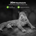 Wildkamera DEATTI DET-T4 im Tarnmuster mit Objektiv, Bewegungssensor und Infrarot-LEDs, daneben acht AA-Batterien