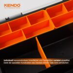 Vier schwarze KENDO Sortierboxen mit orangen Innenfächern und transparenten Deckeln, gestapelt