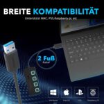 Schwarzer SABRENT USB-Hub mit vier USB-A-Anschlüssen, einzelnen Schaltern und blau markierten Ports.
