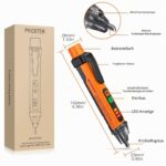 Orange-schwarzer Proster PST224 Spannungsprüfer in Stiftform mit Prüfspitze, LED-Anzeigen, Tasten und Taschenclip.