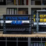Schwarzer 19-Zoll-Netzwerkschrank HMF 65704-02 mit vier Höheneinheiten, Glastür und zwei Lüftungsöffnungen im Deckel