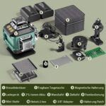 Grün-schwarzer Kreuzlinienlaser mit vier Austrittsfenstern auf Drehsockel, daneben Hartschalenkoffer, zwei Wechselakkus, Fernbedienung, Magnethalter und Mini-Stativ
