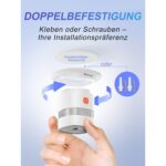 Fünf weisse Mini-Rauchmelder Heiman HS1SA mit rotem Testknopf, kreisförmig angeordnet, daneben ein Melder in einer Hand als Grössenvergleich