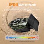 Solar-Wildkamera MAXDONE PH970S mit aufgesetztem Solarpanel, Objektiv und Infrarot-LEDs, Gehäuse im Tarnmuster
