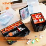 Vier schwarze KENDO Sortierboxen mit orangen Innenfächern und transparenten Deckeln, gestapelt