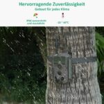Wildkamera GardePro E8 im Tarnmuster mit Antenne, daneben ein Smartphone mit dem Livebild der Kamera