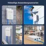 Weisser PoE-Extender von YuanLey im wasserdichten Kunststoffgehäuse mit vier RJ45-Buchsen und Laschen für die Wandmontage