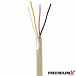 Grauer Ring Fernmeldeleitung J-Y(ST)Y 2x2x0,6 von PremiumX mit 50 m, daneben ein abgemanteltes Ende mit vier Adern in Rot, Schwarz, Gelb und Weiss unter einem Alu-Folienschirm