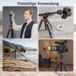 Schwarz-rotes Rollei Aluminiumstativ Compact Traveler No.2 XL mit Kugelkopf, horizontal ausgeklapptem Auslegearm und Smartphone-Halterung