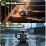 Grün-schwarzer Kreuzlinienlaser mit vier Austrittsfenstern auf Drehsockel, daneben Hartschalenkoffer, zwei Wechselakkus, Fernbedienung, Magnethalter und Mini-Stativ