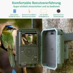 Wildkamera GardePro E8 im Tarnmuster mit Antenne, daneben ein Smartphone mit dem Livebild der Kamera