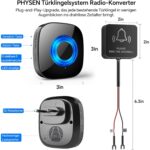 Schwarzer PHYSEN Steckdosen-Empfänger mit blau leuchtendem Ring und der zugehörige Funksender mit Anschlussleitung