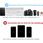Schwarzer SABRENT USB-Hub mit vier USB-A-Anschlüssen, einzelnen Schaltern und blau markierten Ports.