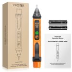 Orange-schwarzer Proster PST224 Spannungsprüfer in Stiftform mit Prüfspitze, LED-Anzeigen, Tasten und Taschenclip.
