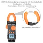 Orange-schwarze Proster Stromzange mit beleuchtetem LCD, geöffneten Messbacken, Messleitungen, Krokodilklemmen und Aufbewahrungstasche