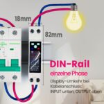 Schmaler weisser Hutschienen-Stromzähler TONGOU TO-Q-SYS-JWT mit farbigem Display, Schaltwippe und Schraubklemmen für Phase und Neutralleiter