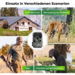 Wildkamera DEATTI DET-T4 im Tarnmuster mit Objektiv, Bewegungssensor und Infrarot-LEDs, daneben acht AA-Batterien