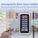 Retekess T-AC03 Codeschloss in Silber aus Zinklegierung mit blau beleuchteter Zifferntastatur, Klingeltaste und zehn blauen RFID-Schlüsselanhängern