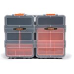 Vier schwarze KENDO Sortierboxen mit orangen Innenfächern und transparenten Deckeln, gestapelt