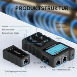 Schwarzer PoE- und Netzwerkkabeltester Noyafa NF-488 mit beleuchtetem LCD, Tastenfeld und separatem RJ45-Fernstück
