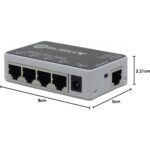 Kompakter PoE-Passthrough-Switch von DSLRKIT mit schwarzer Deckelplatte und weissem Gehäuse, vier PoE-Ausgängen LAN1 bis LAN4, Uplink-Port, DC-Buchse und Schiebeschalter LAN/Ext