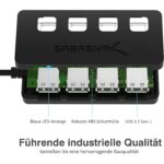 Schwarzer SABRENT USB-Hub mit vier USB-A-Anschlüssen, einzelnen Schaltern und blau markierten Ports.